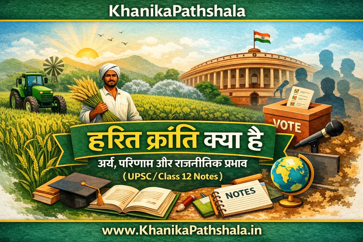 Read more about the article हरित क्रांति क्या है – अर्थ, प्रमुख परिणाम और राजनीतिक प्रभाव (UPSC / Class 12 Notes)